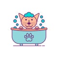 The cat having bath. The cat is washing in the bathtub. Outline and line style. Isolated colored vector illustration.