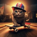 Cat having fun, riding on a skateboard.