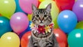 Cat with Hawaiian flower necklace at colorful balloon party