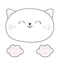 Cat head face. Linear silhouette icon. Paw print leg foot pink pads. Contour line. Cute cartoon kawaii kitty character. Funny baby