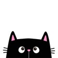 Cat head face silhouette looking up. Pink ears. Cartoon character. Cute kawaii black kitten animal. Baby card. Pet collection.