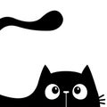 Cat head face silhouette, tail. Black peeking kitten face head. Cute cartoon kawaii character. Funny animal. Baby greeting card.