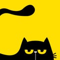 Cat head face silhouette, tail. Black peeking kitten face head. Yellow angry eyes. Cute cartoon kawaii character. Funny pet animal Royalty Free Stock Photo