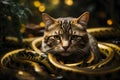 cat head golden python. fantasy creature. Generative AI Royalty Free Stock Photo