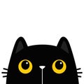 Cat head silhouette. Black peeking kitten face with big yellow eyes. Cute cartoon character. Kawaii funny animal. Baby greeting