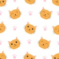Cat head wallpaper pattern seamless orange cat cute. Vector. Design can be used for textiles, clothing, cards, decoupage,