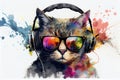 Cat in headphone with sunglasse in bright clothes drawing with bit of watercolour