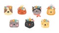 Cat heads with flower crown. Cute cats in floral wreath and princess crown. Funny kitties for birthday greeting card