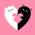 Cat heart set. Hugging couple family holding heart. Happy Valentines day. Hug, embrace, cuddle. Black White Yin Yang kitty kitten Royalty Free Stock Photo