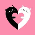 Cat heart set. Hugging couple family holding heart. Black White Yin Yang kitty kitten. Happy Valentines day. Hug, embrace, cuddle Royalty Free Stock Photo