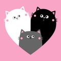 Cat heart set. Mother, father, bay. Happy Valentines day. Black White Yin Yang kitty kitten. Cute cartoon kawaii funny character.