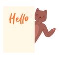 Cat Hello banner vector kitten character peeking behind cardboard kitty holding copy space message poster illustration Royalty Free Stock Photo