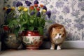 cat hiding behind a flowerpot, mouse unsuspecting on the ground Royalty Free Stock Photo