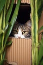 cat hiding in a cardboard box, peeking out Royalty Free Stock Photo