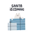 Cat hiding in christmas presents. Hand drawn vector illustration. Santa is comming lettering. greeting card template