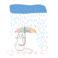 The cat is hiding from the rain under an umbrella. Hand written postcard. Cute simple vector Royalty Free Stock Photo