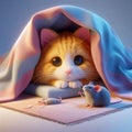 cat is hiding under the blanket, and small mouse in front of cat, funny animals, pets Royalty Free Stock Photo