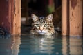 Cat in high flood water Royalty Free Stock Photo