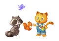 Cat and his Friends, Bird, Squirrel and Raccoon. Animals Character Design
