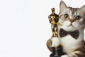 cat hold gold oscar statue isolated on solid white background. ai generative