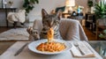 Cat Holding Fork Eating Spaghetti in Domestic Table Setup Royalty Free Stock Photo