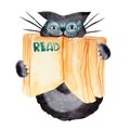 Cat holding an open book, notepad watercolor illustration