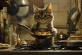 A cat holding a pan of food on top of a stove Royalty Free Stock Photo