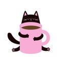 Cat holding pink coffee tea cup. Happy Valentines Day. Black kitten. Good morning. Paws hand. Cute cartoon funny baby animal pet Royalty Free Stock Photo