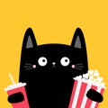 Cat holding popcorn, soda glass. Cute cartoon kawaii funny character. Black kitty. Cinema theater. Film show. Kitten watching