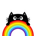 Cat holding rainbow. Black peeking kitten. Cute cartoon character. Valentines Day. Kawaii animal. Love Greeting card. LGBT flag