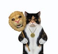 Cat holds lion carnival mask 4