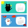 Cat horizontal calendar 2017. Cute funny cartoon white black character set. Royalty Free Stock Photo