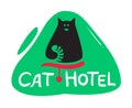 Cat Hotel Banner with Cute Black Kitten with Striped Tail and Creative Typography. Animals Daycare Poster Simple Design