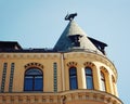 Cat House in Riga, Latvia - vintage effect. The Cat sculpture on the rooftop. Royalty Free Stock Photo