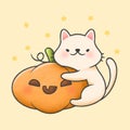 Cat hug a pumpkin cartoon hand drawn style