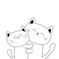 Cat hugging couple family. Hug, embrace, cuddle. White contour silhouette. Cute kawaii funny cartoon character. Happy Valentines