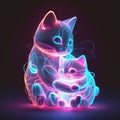 Cat hugs kitten. Kawaii style. neon light