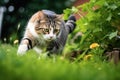 cat hunting and pouncing on bugs in a summer yard