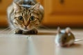 Cat hunting to mouse inside house, focus on cat. Funny domestic predator playing at home, portrait of young happy pet. Concept of Royalty Free Stock Photo