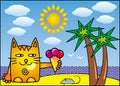 A red cartoon cat with ice cream on the shore of the tropical sea under a palm tree. Vector Royalty Free Stock Photo