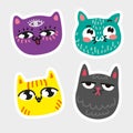 Cat icon collection Quad colorful isolated cat stickers Striped yellow cat purple cat with eye in forehead blue in