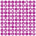 100 cat icons hexagon violet Royalty Free Stock Photo