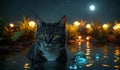 A cat immersed in water with sharp eyesight walks carefully into the depths of the river Royalty Free Stock Photo