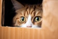 cat inside a moving box peeking out Royalty Free Stock Photo