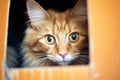 cat inside a moving box peeking out Royalty Free Stock Photo