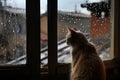 cat inside a warm room, observing a deluge on the rooftop