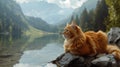 a crystal-clear lake surrounded by majestic mountains, a fluffy long-haired cat observes its reflection in the pristine water