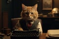 A cat in a jacket sits at a table with a typewriter. AI generative Royalty Free Stock Photo