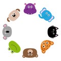 Cat, jaguar, dog, hippopotamus, elephant, bear, frog, koala. Zoo animal head face. Cute cartoon character set. Round circle frame.