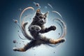 A cat is jumping in the air with a galaxy background Royalty Free Stock Photo